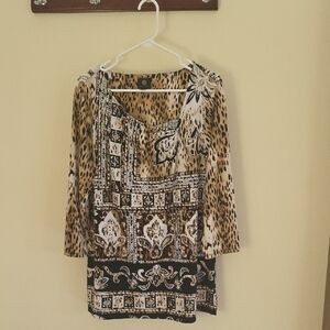 JM Collection Asymmetrical Brown and Black Blouse